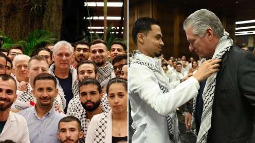 Presiden Kuba dihadiahi Keffiyeh oleh Mahasiswa Palestina